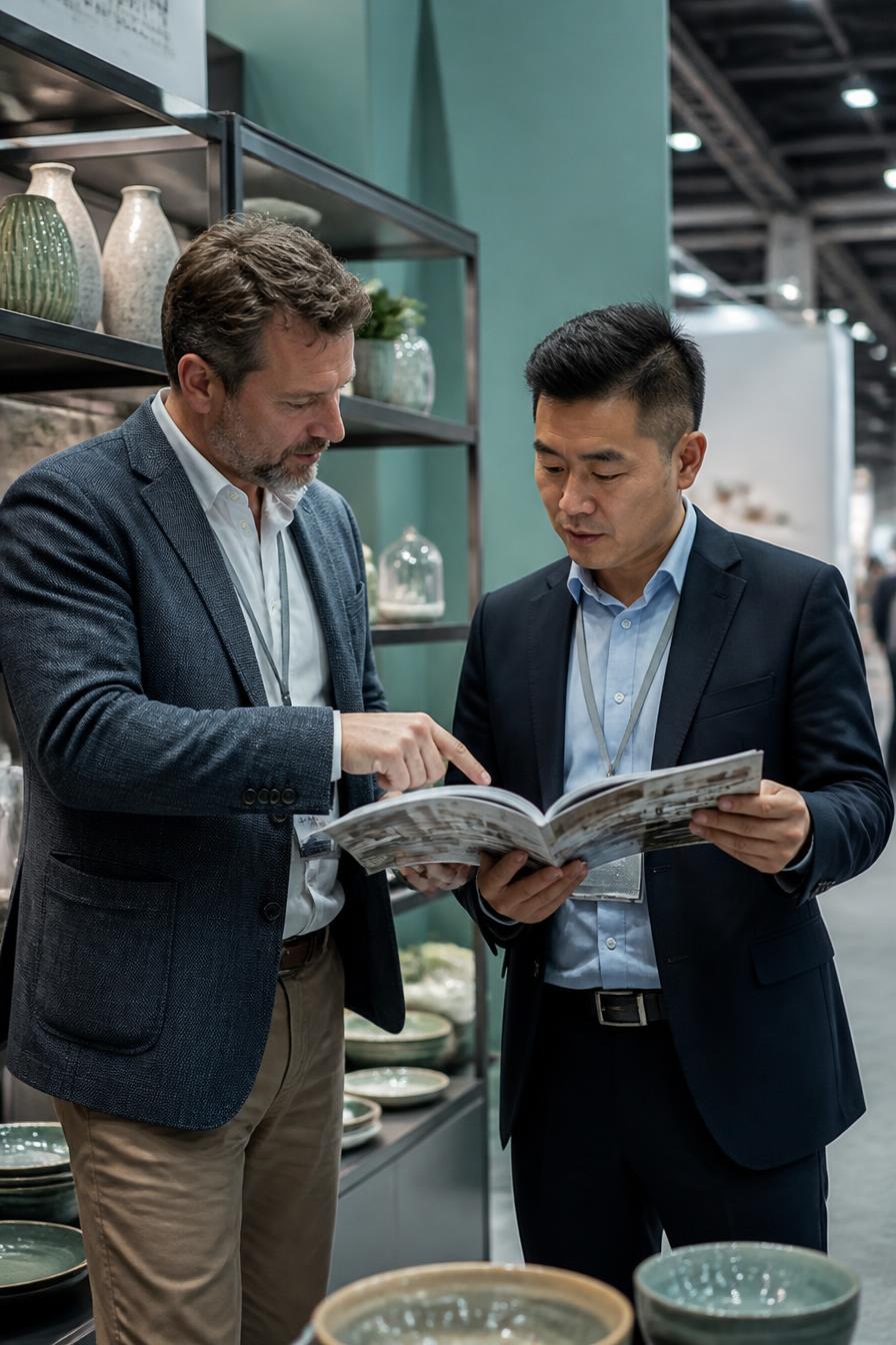 Commercial conversation between partners at a trade fair showroom